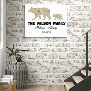 Bear Family Retro Map Custom Name Canvas Print Gift for Mom Dad Birthday Gift Single Parent Family - MyDiamondPaintingUK