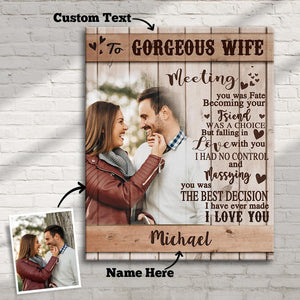 Custom Photo Wall Decor Painting Canvas With Text Vertical Version - To Gorgeous Wife